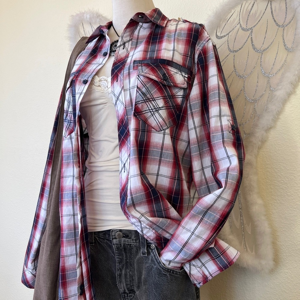 Indie Skater Grunge Plaid Oversized Shirt Button Up Long‎ Sleeve Red Western